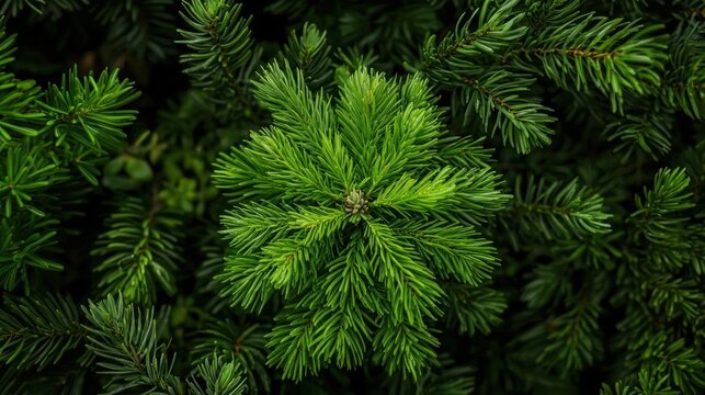 Close-up of a group of green pine tree branches. the branches are densely packed together, creating a dense and dense background.