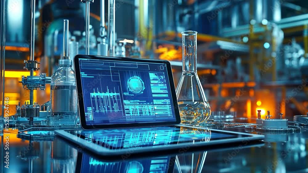 Poster Digital tablet and flasks in a laboratory setting