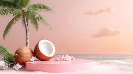 Relaxing tropical beach setting with coconuts and palm trees under a pastel sunset