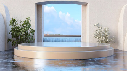 Modern minimalist stage with circular window showcasing serene landscape and decorative floral arrangements