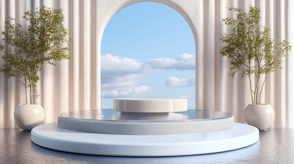 Modern minimalist stage with circular window showcasing serene landscape and decorative floral arrangements