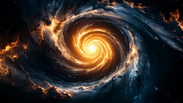 Dramatic swirl of cosmic energy emanating from a luminous central point in the vastness of space, galactic core and fiery clouds.