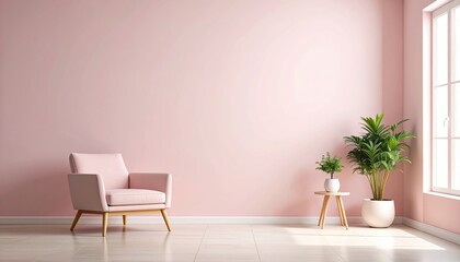 Pink armchair in a minimalist room with plants near a window Pastel pink wall interior design