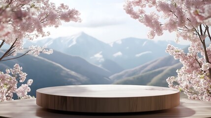 Serene landscape with blooming cherry blossoms and tranquil water at sunrise in a peaceful mountain setting