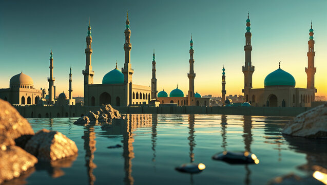 Architectural rendering of a stunning mosque with reflections in calm water at sunset - Powered by Adobe