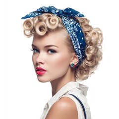 Pin up girl with vintage hairstyle and bandana headscarf blonde hair and red lipstick beauty portrait