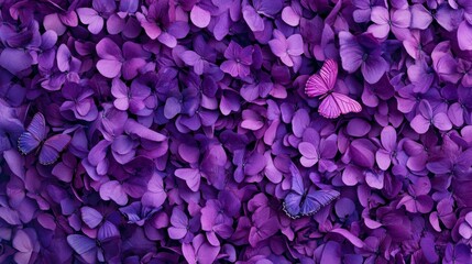 Fototapeta premium Mesmerizing scene of purple butterflies fluttering over lush violet groundcover flowers with magenta petals on a vibrant purple background for nature-themed designs and elegant floral visual concepts