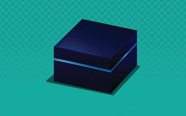 sleek, dark blue or black square gift box with a subtle light blue accent line, isolated against a teal and transparent checkered background.