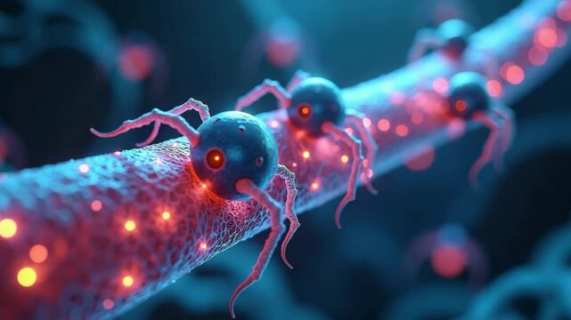 Futuristic nanorobots crawling on glowing biological fiber in sci-fi medical technology concept