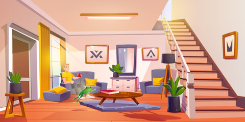 Naklejka na ściany i meble Man sits in living room while green frog jumps near coffee table - cozy interior with sofa, wooden stairs, potted plants, floor lamp and wall art frames. Modern home scene with yellow cushions.