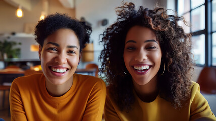 This Two women share laughter and warmth, enjoying their time together in a welcoming atmosphere.