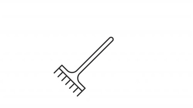 Animated gardening rake line icon. Farming instrument animation. Moving tool, yardwork. Lawn cleaning, working equipment. Outline element on white background. HD video with alpha channel
