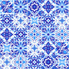 Vector illustration of Italian ceramic pattern of blue and white tiles. Mediterranean porcelain ceramics. Ethnic folk ornament. Mexican talavera, Portuguese azulejo, Spanish majolica. Element for your