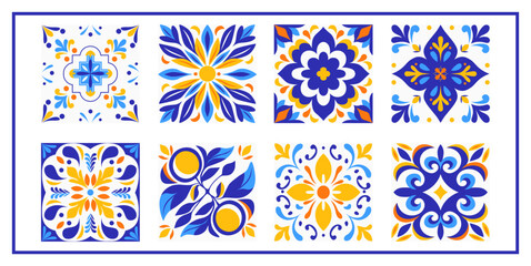 Vector illustration of Italian ceramic pattern of blue and white tiles. Mediterranean porcelain ceramics. Ethnic folk ornament. Mexican talavera, Portuguese azulejo, Spanish majolica. Element for your