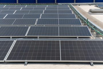 A rooftop covered with solar panels under a bright sky, set against a backdrop of high-rise...