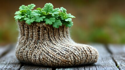 Obraz premium Knitted sock planter with small green plants