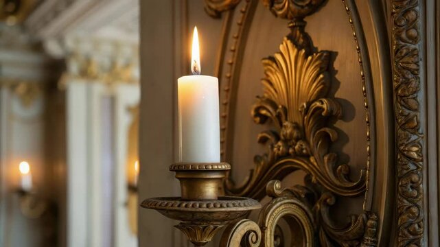 Rococo wedding concept. A lit white candle stands on an ornate gold candle holder against a decorative, classical wall.