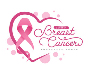 October, breast cancer awareness month - Pink ribbon awareness sign cross line heart shape vector design