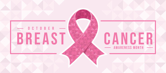 October, breast cancer awareness month - Pink ribbon awareness sign with low poly texture in between text in line pink frame vector design