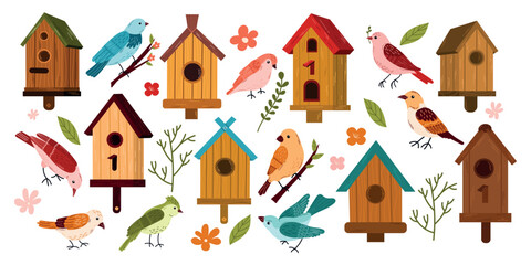 Big set of spring birds and birdhouses.Birdhouse with a bird, homemade nests, feeders and homes, for summer and spring birds. Cartoon cute colorful birdhouses collection, feeder on garden tree