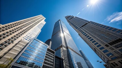 Obraz premium Architectural view of skyscrapers under a bright blue sky on a sunny day.