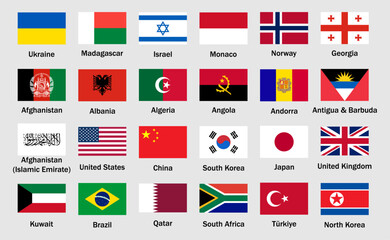 Collection of world national flags with country names. World country flags set. Set of international country flags. including USA, UK, India, Germany, France, and others. Vector illustration.