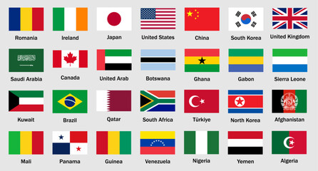 Set of international country flags including USA, UK, India, Germany, France, and others. Flat rectangular icons for political, travel, and geography themes. Vector illustration.