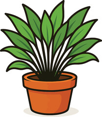 A cartoon illustration of a potted plant with many green leaves