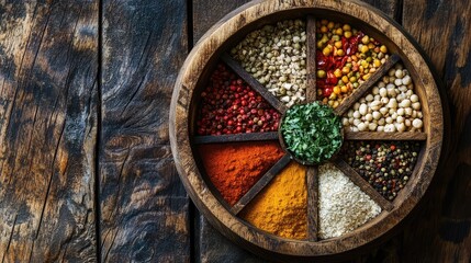 Balanced selection of nutritious ingredients organized into a wheel representing dietary diversity