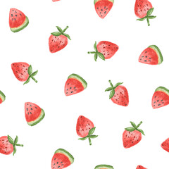 Colorful pattern featuring watermelon and strawberry illustrations on a white background for decorative purposes