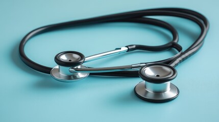 Delicately arranged stethoscope on polished blue lab table, clean and bright