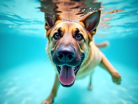 Happy German Shepherd Dog Swimming Underwater in Pool Playful and Joyful Canine Adventure
