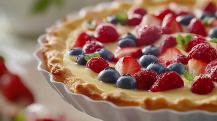 Exquisite fruit tart featuring strawberries, raspberries, and blueberries arrangement