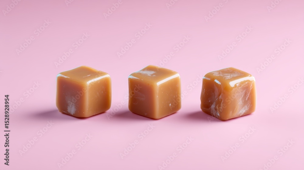 Poster overhead flat lay of three caramel candy cubes on pastel pink background with soft shadows and minim