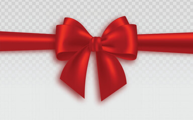 beautifully tied red satin bow with matching horizontal ribbon, casting a soft shadow, perfect for gifts and festive designs.