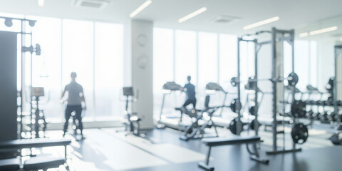 Blurred gym interior with exercise equipment and people working out in bright light.