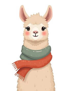Cute llama wearing a warm scarf white background