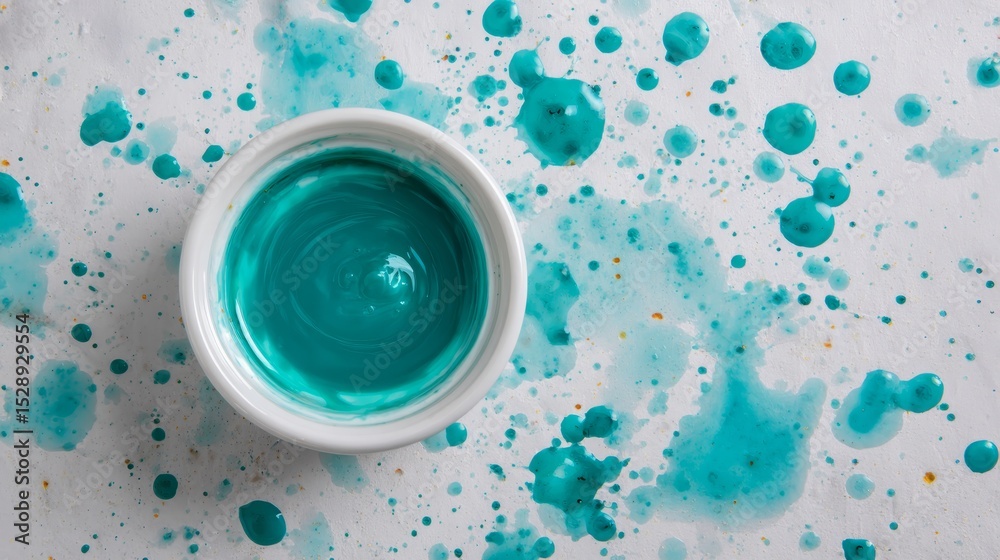 Aufkleber Vibrant blue paint swirl in a white bowl surrounded by dynamic splatter patterns on a bright white surface, creating an energetic and artistic abstract composition with copy space