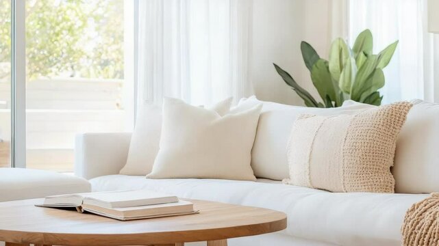 Cozy living room decor featuring stylish white sofa, decorative pillows, and wooden coffee table