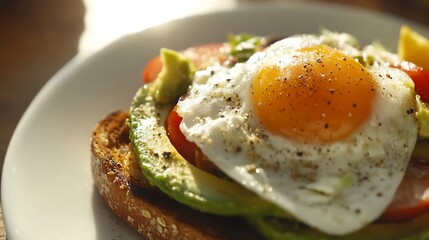 Delicious avocado toast topped with a fried egg and fresh tomatoes closeup