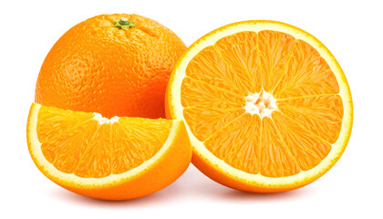 Fototapeta premium Orange fruit isolated on white background Two orange fruits, halved and cut into pieces