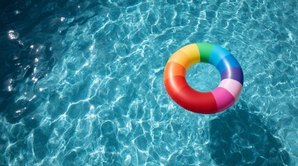 Overhead shot of a colorful inflatable ring floating in a bright blue pool with water ripples and spacious negative space for text