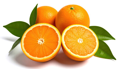 Fototapeta premium Orange fruit isolated on white background Two orange fruits, halved and cut into pieces