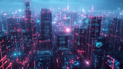 Fototapeta premium Neon Metropolis: A Cyberpunk Cityscape with Vibrant Futuristic Architecture