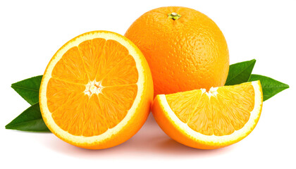 Fototapeta premium Orange fruit isolated on white background Two orange fruits, halved and cut into pieces