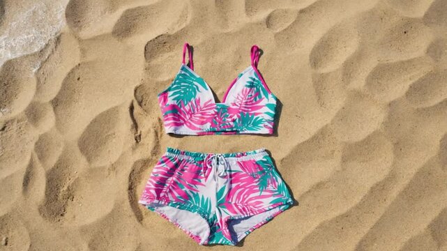 Tropical Print Summer Romper Near Sand Background, Half-Circle Camera Rotation