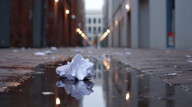 Overhead shot of a crumpled paper in a damp narrow cobblestone alley with reflections and soft ambient lighting conveying urban grit and solitude