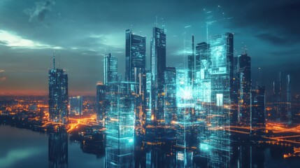 Futuristic metropolis at dusk with digital overlays and light streams