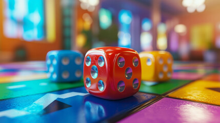 Vibrant 3D rendering of a whimsical board game, featuring playful cartoon dice on a colorful game board with a softly blurred background