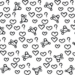 Love symbols or hearts, question marks and molecular groups form a cartoonish background.